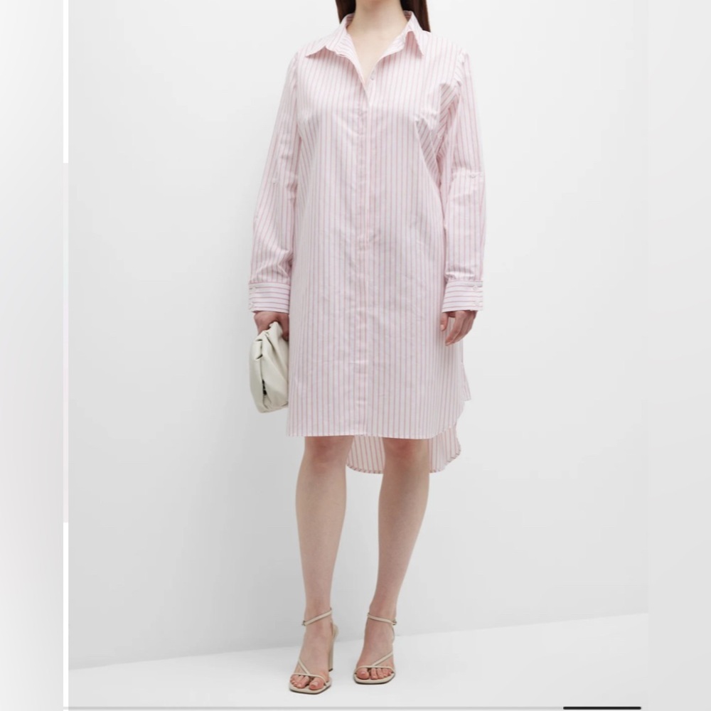 $244 HARSHMAN Willow Stripe Long Sleeve  Cotton/Linen Shirtdress White/Rose Pink